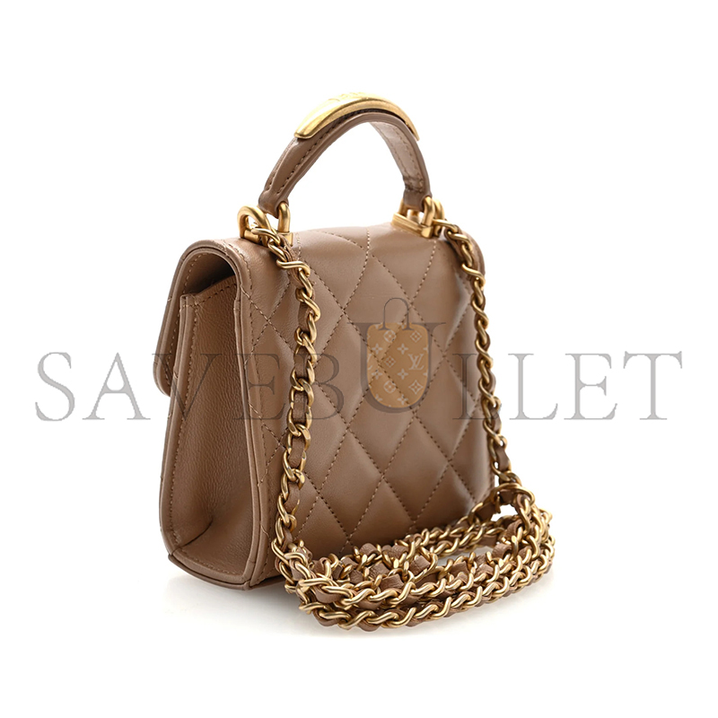 Ch**el lambskin quilted mini top handle flap clutch with chain beige ap2682 (11*11*5.5cm)